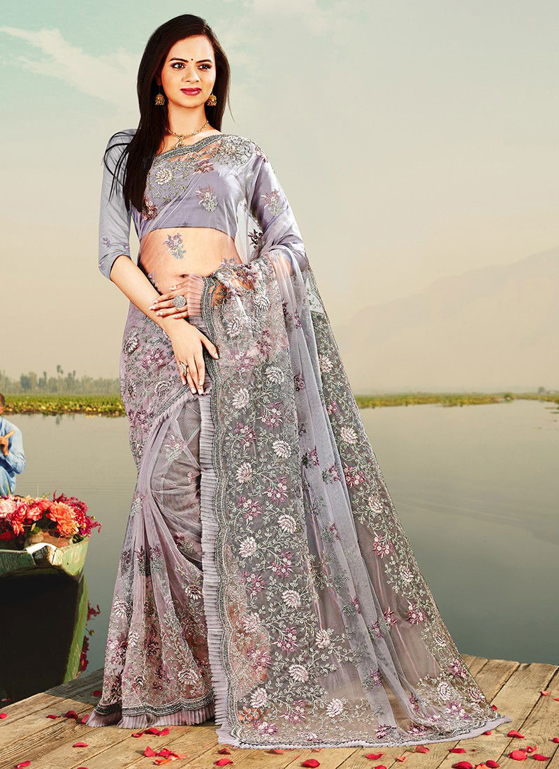 Nari Fashon Latest Fancy Festive Wear Heavy Resham Coding With Silver Jari Emberoidery Work With Frill Border Designer Net Saree Collection 